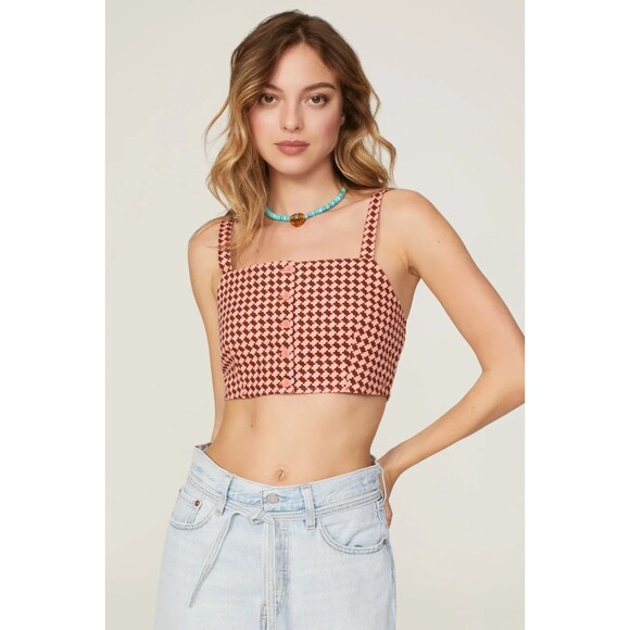Levi's Geometric Checkered Crop MED Pink Brown Knit Retro Y2K Button Front Tank - Picture 1 of 16